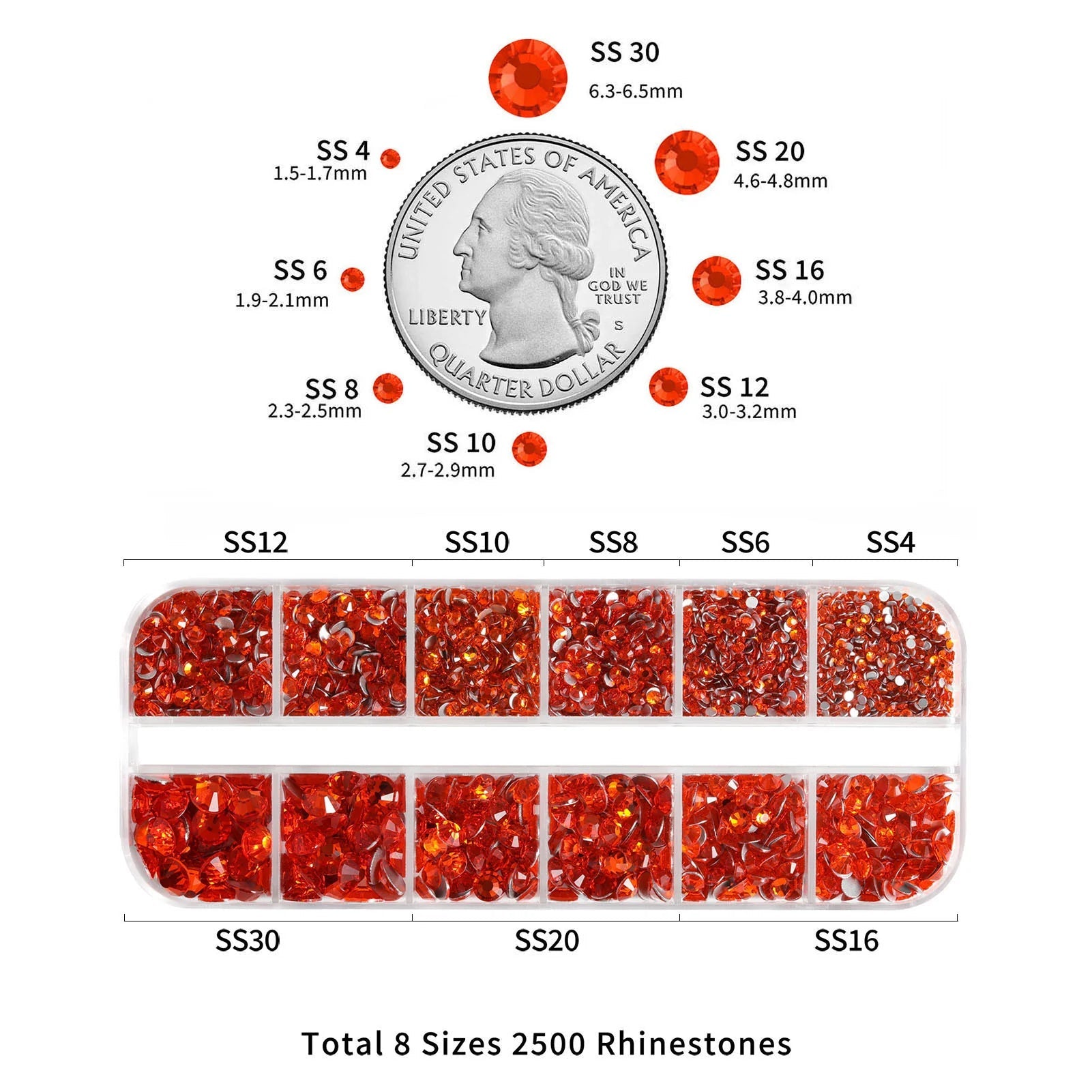 Rhinestones for Makeup,8 sizes 2500pcs Flatback Rhinestones Face Gems for Nails Crafts with Tweezers and Wax Pencil- Orange