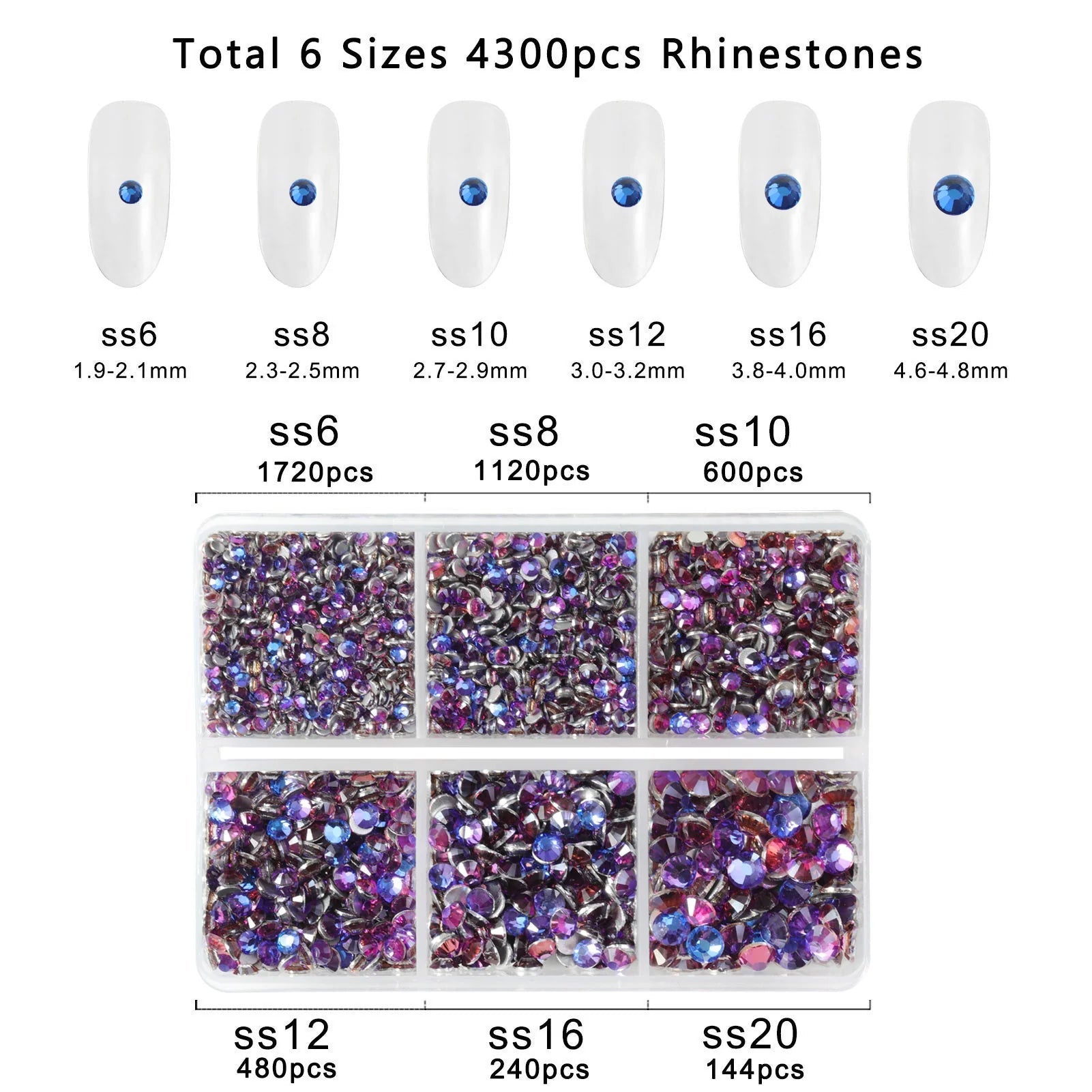 4300pcs Flatback Rhinestones, Nail Gems Round Crystal Rhinestones for Crafts,Mixed 6 Sizes with Picking Tweezers and Wax Pencil Kit-Purple Velvet