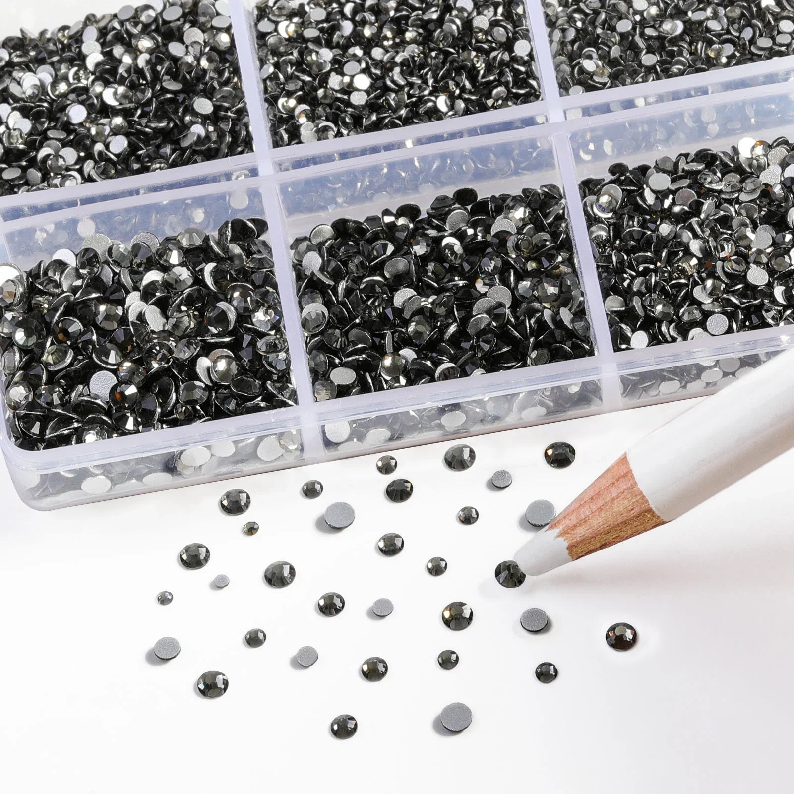 7200pcs Flatback Rhinestones,Nail Gems Round Crystal Rhinestones for Crafts,Mixed 6 Sizes with Wax Pencil Kit, SS3-SS10- Black Diamond