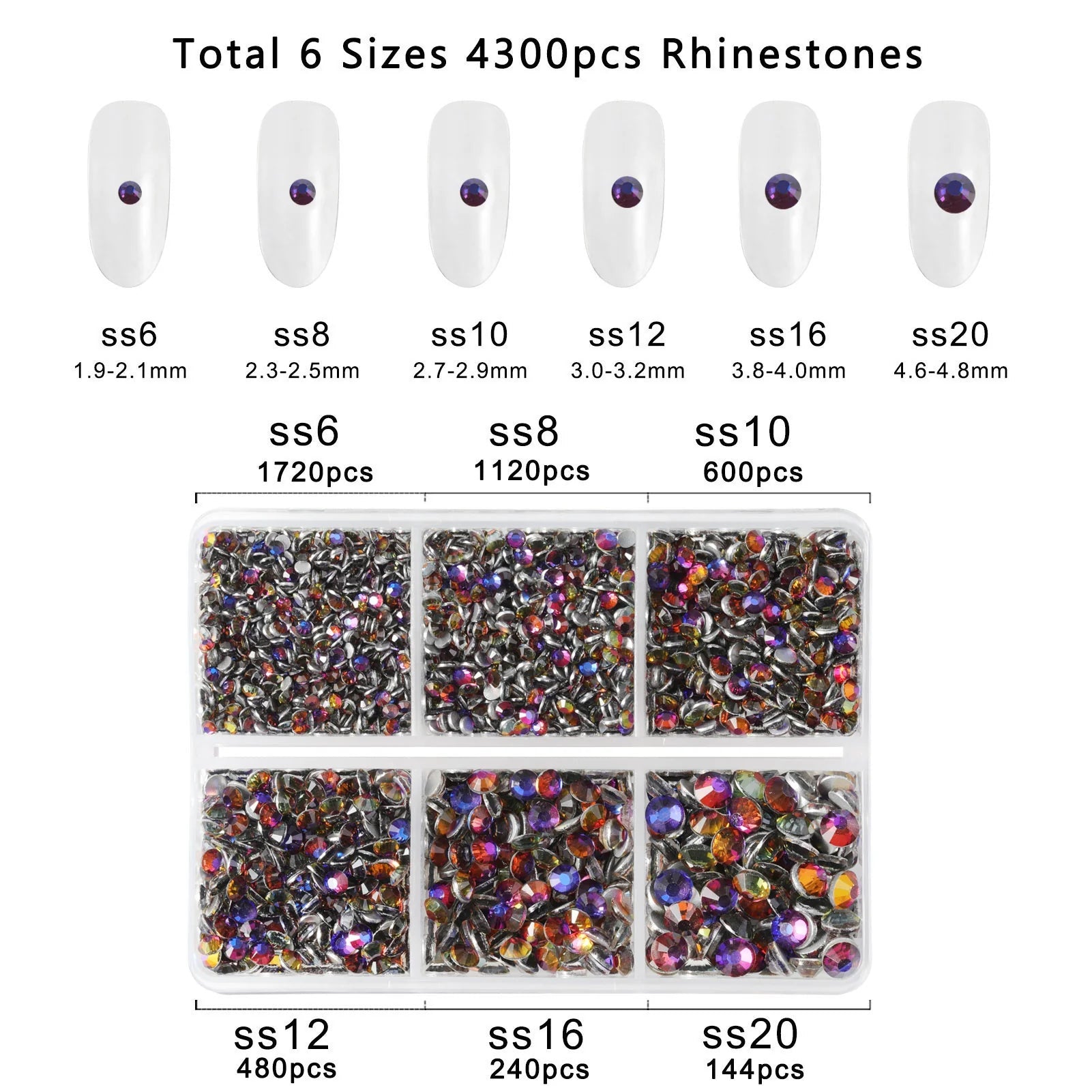 4300pcs Flatback Rhinestones, Nail Gems Round Crystal Rhinestones for Crafts,Mixed 6 Sizes with Picking Tweezers and Wax Pencil Kit-Bluevolcano