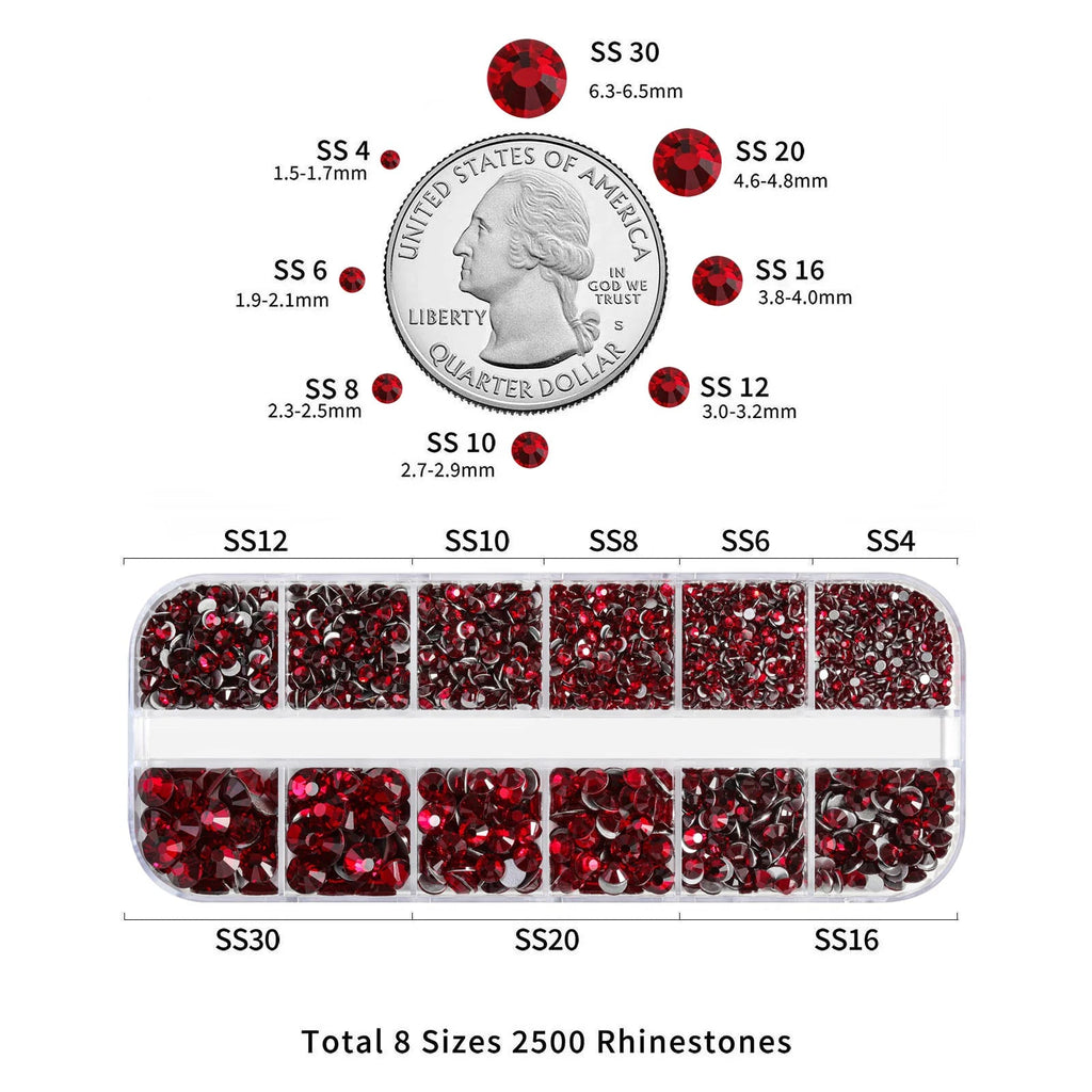 Rhinestones for Makeup,8 sizes 2500pcs Flatback Rhinestones Face Gems for Nails Crafts with Tweezers and Wax Pencil- Dark Siam