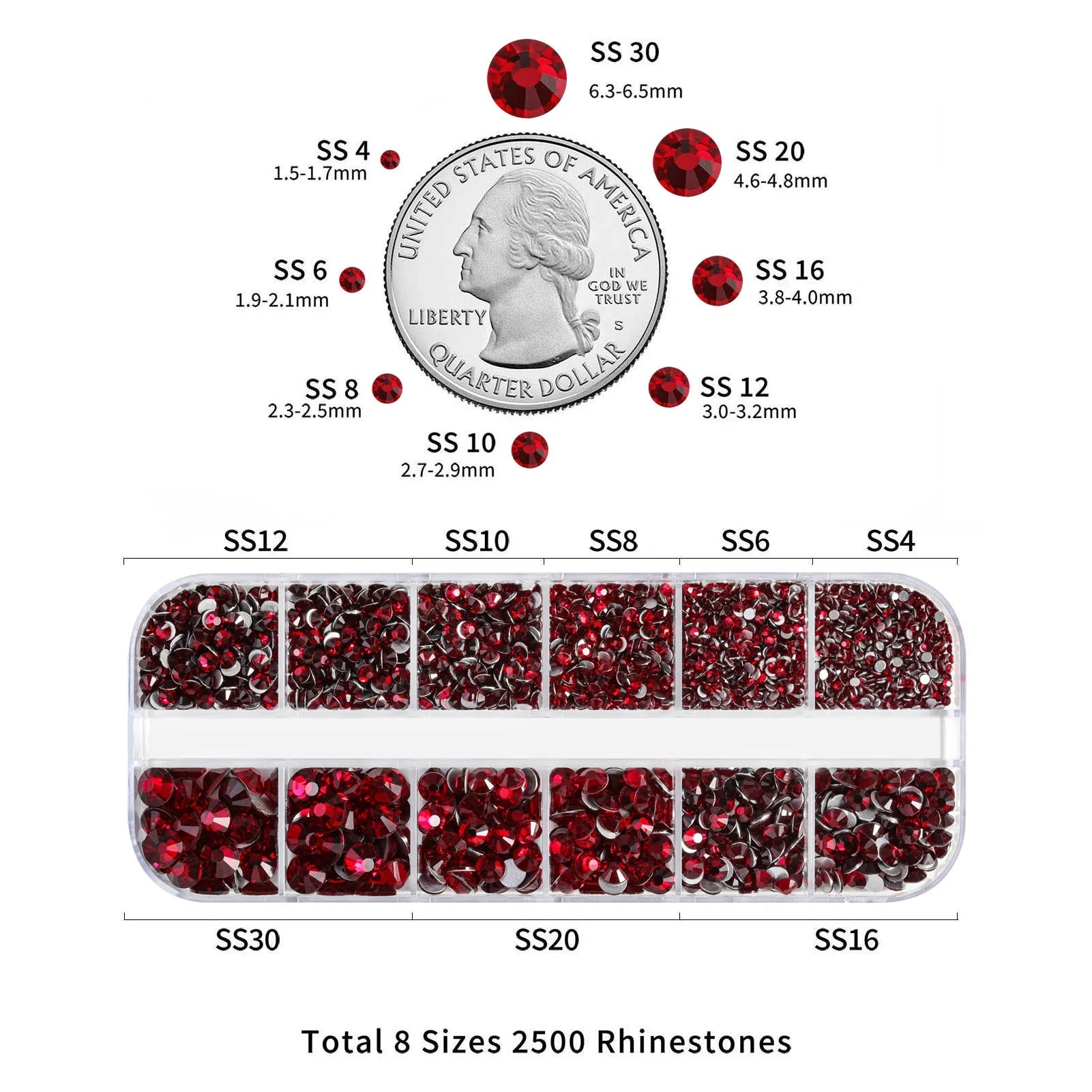 Rhinestones for Makeup,8 sizes 2500pcs Flatback Rhinestones Face Gems for Nails Crafts with Tweezers and Wax Pencil- Dark Siam