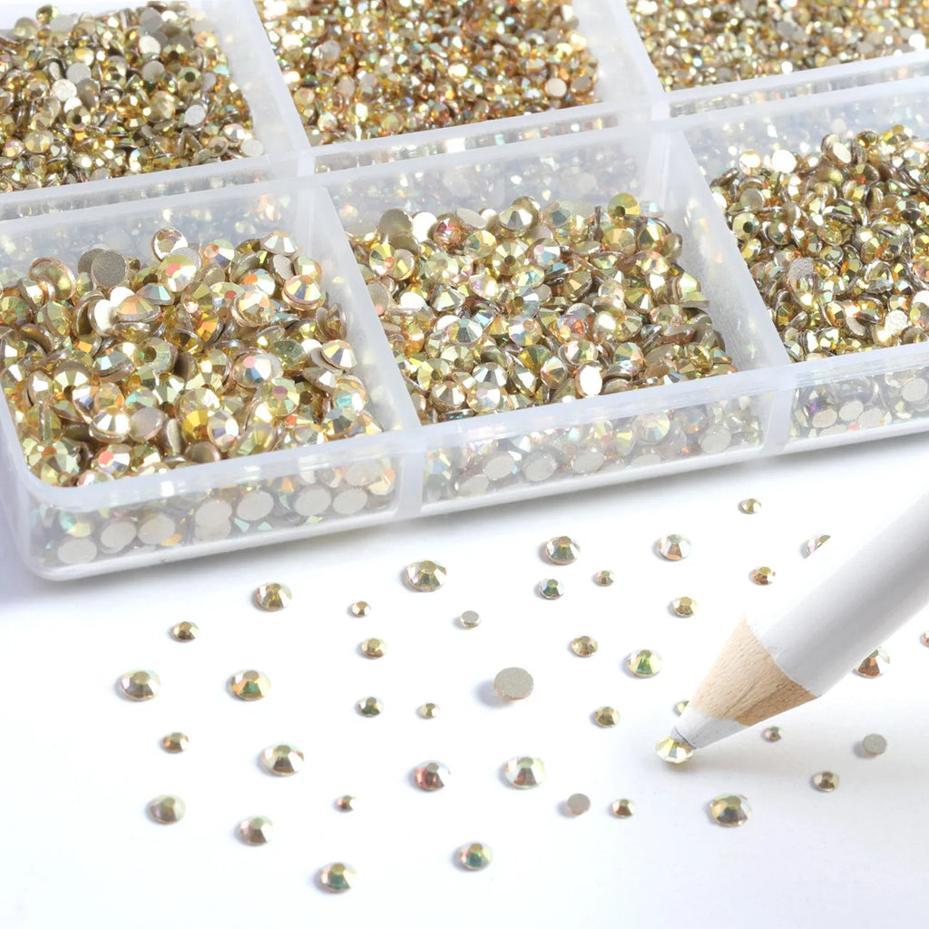 7200pcs Flatback Rhinestones,Nail Gems Round Crystal Rhinestones for Crafts,Mixed 6 Sizes with Wax Pencil Kit, SS3-SS10-Metalsunlight