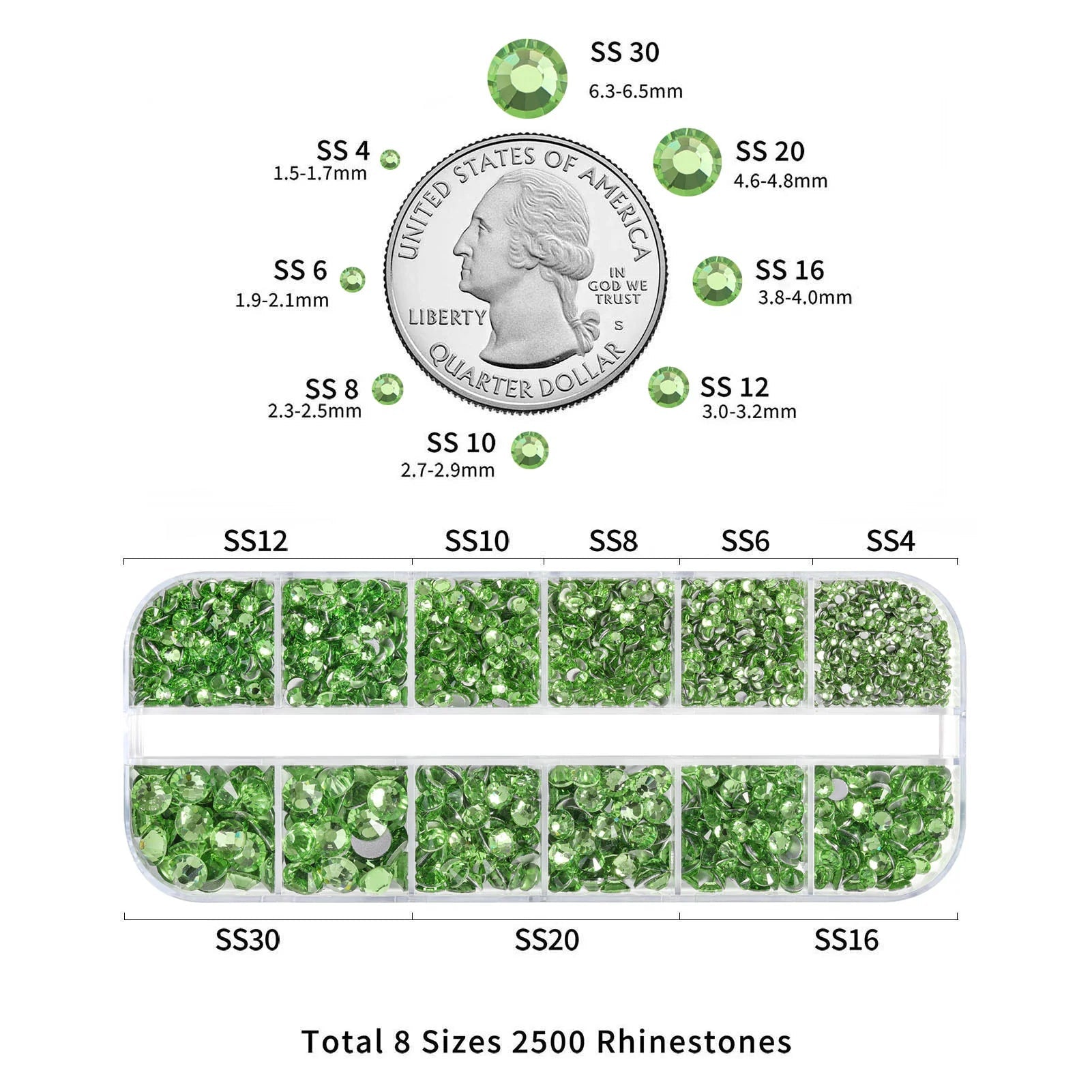 Rhinestones for Makeup,8 sizes 2500pcs Flatback Rhinestones Face Gems for Nails Crafts with Tweezers and Wax Pencil- Light Green