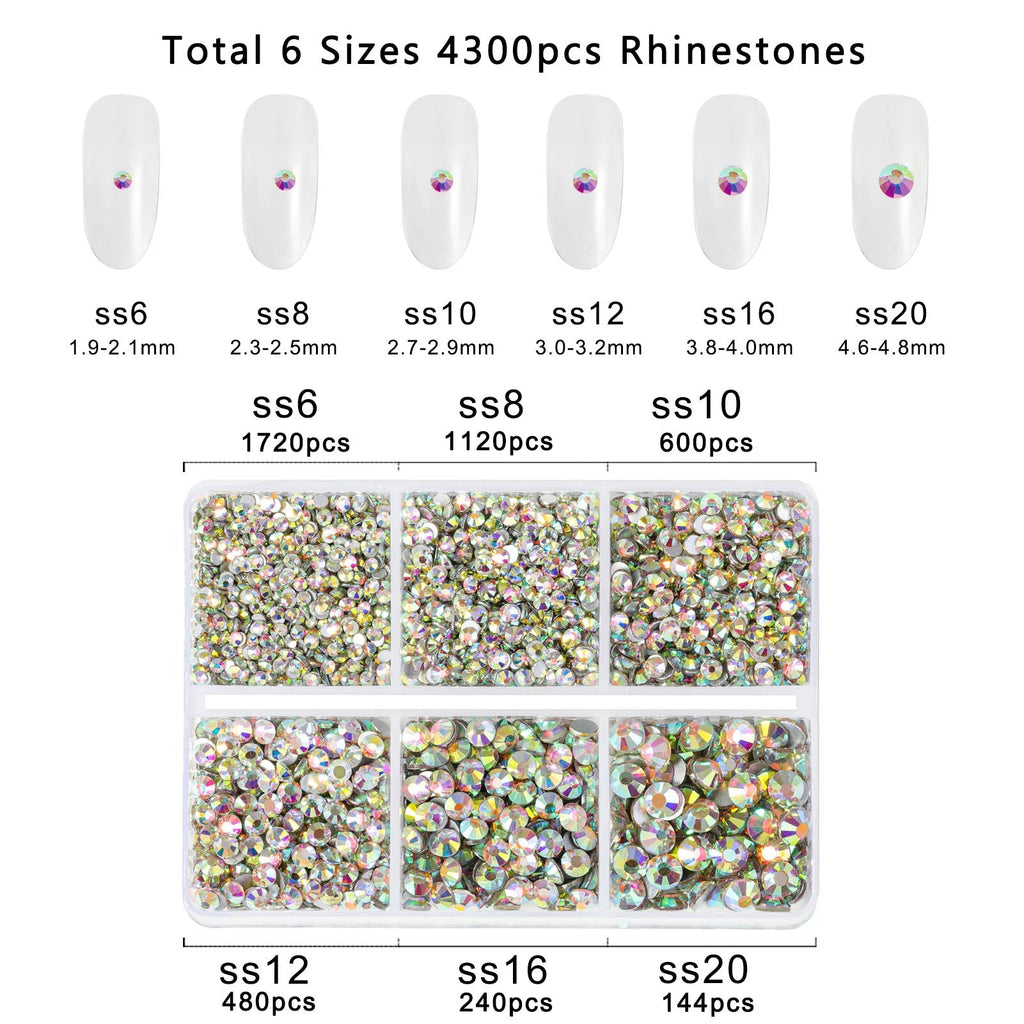 4300pcs Flatback Rhinestones, Nail Gems Round Crystal Rhinestones for Crafts,Mixed 6 Sizes with Picking Tweezers and Wax Pencil Kit- Crystal AB