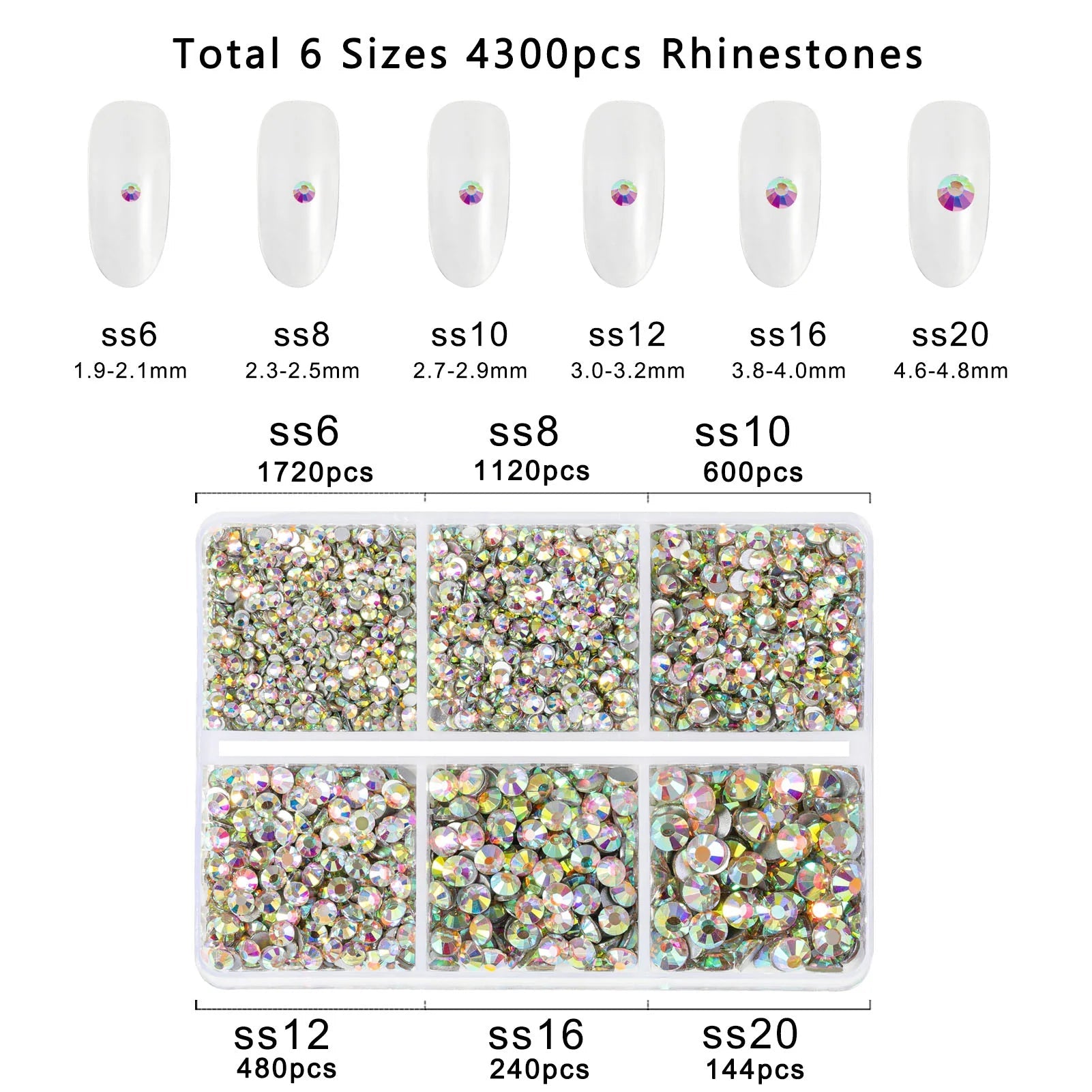 4300pcs Flatback Rhinestones, Nail Gems Round Crystal Rhinestones for Crafts,Mixed 6 Sizes with Picking Tweezers and Wax Pencil Kit- Crystal AB
