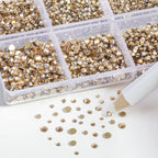 7200pcs Flatback Rhinestones,Nail Gems Round Crystal Rhinestones for Crafts,Mixed 6 Sizes with Wax Pencil Kit, SS3-SS10- Golden Shadow