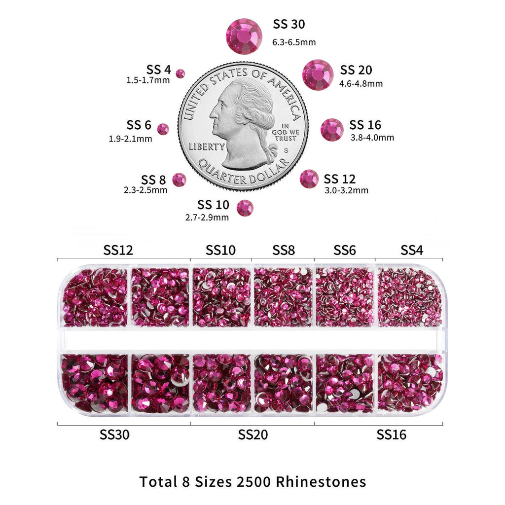 Rhinestones for Makeup,8 sizes 2500pcs Flatback Rhinestones Face Gems for Nails Crafts with Tweezers and Wax Pencil- Fuchsia