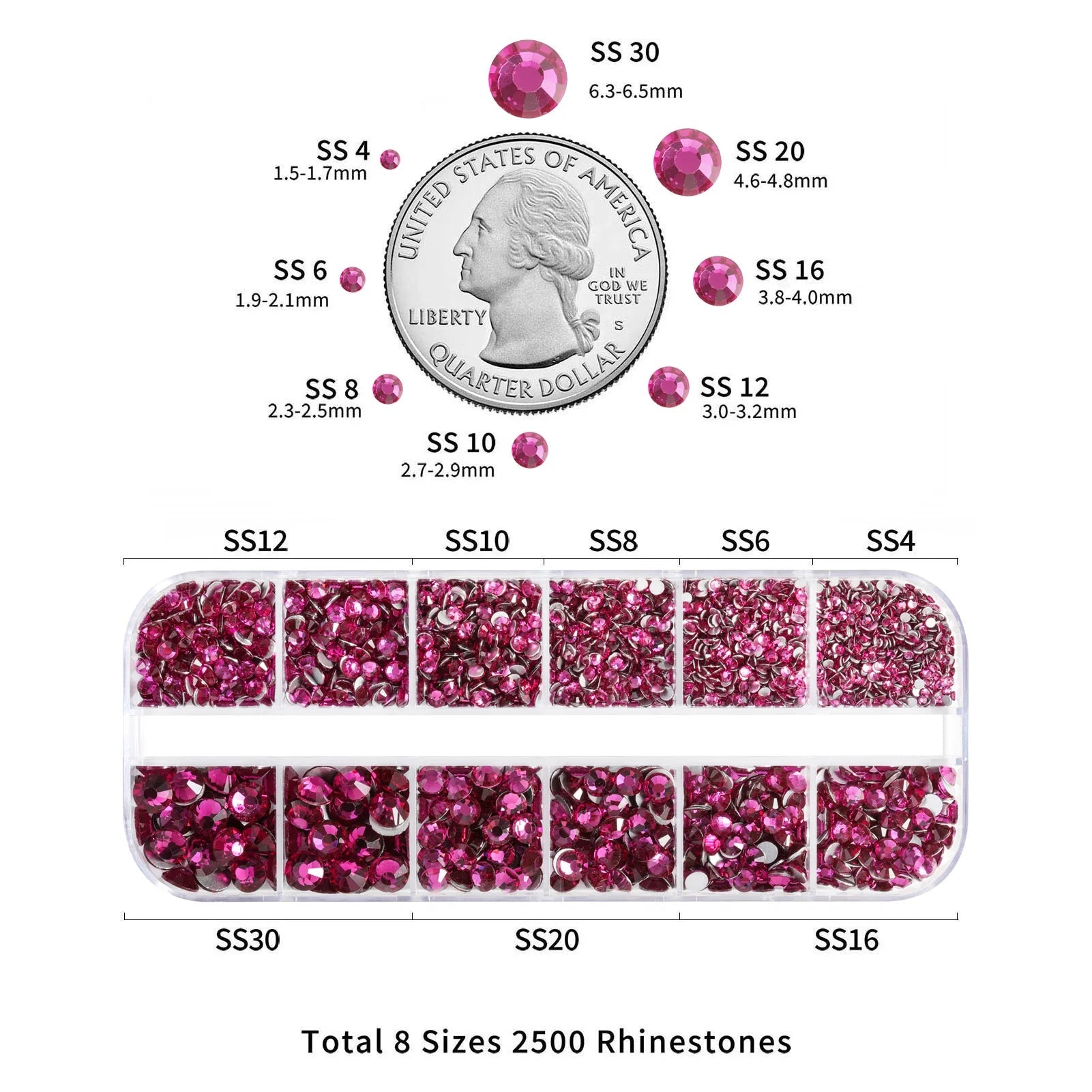 Rhinestones for Makeup,8 sizes 2500pcs Flatback Rhinestones Face Gems for Nails Crafts with Tweezers and Wax Pencil- Fuchsia