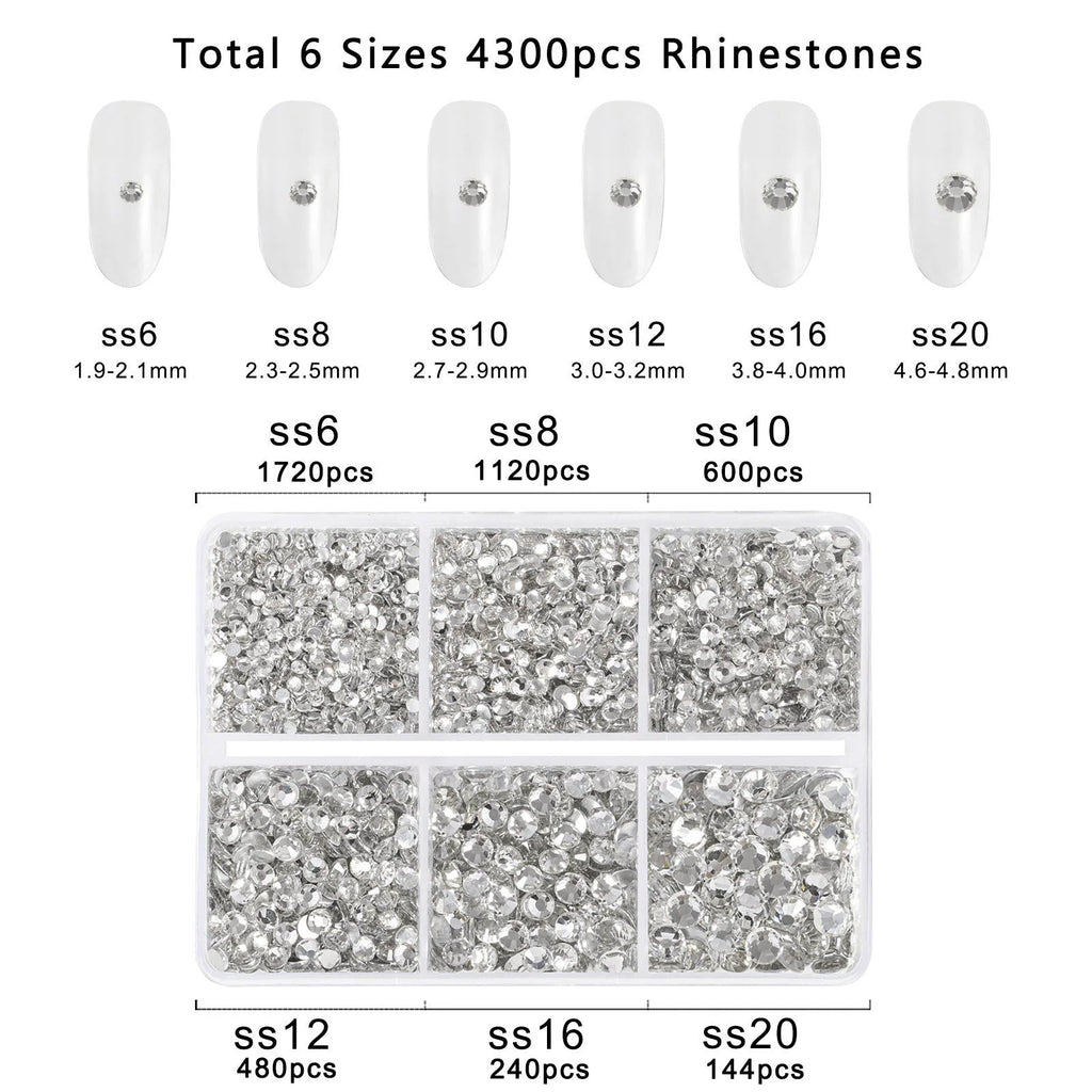 4300pcs Flatback Rhinestones, Nail Gems Round Crystal Rhinestones for Crafts,Mixed 6 Sizes with Picking Tweezers and Wax Pencil Kit- Crystal