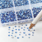 7200pcs Flatback Rhinestones,Nail Gems Round Crystal Rhinestones for Crafts,Mixed 6 Sizes with Wax Pencil Kit, SS3-SS10- Light Sapphire