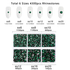 4300pcs Flatback Rhinestones, Nail Gems Round Crystal Rhinestones for Crafts,Mixed 6 Sizes with Picking Tweezers and Wax Pencil Kit- Emerald
