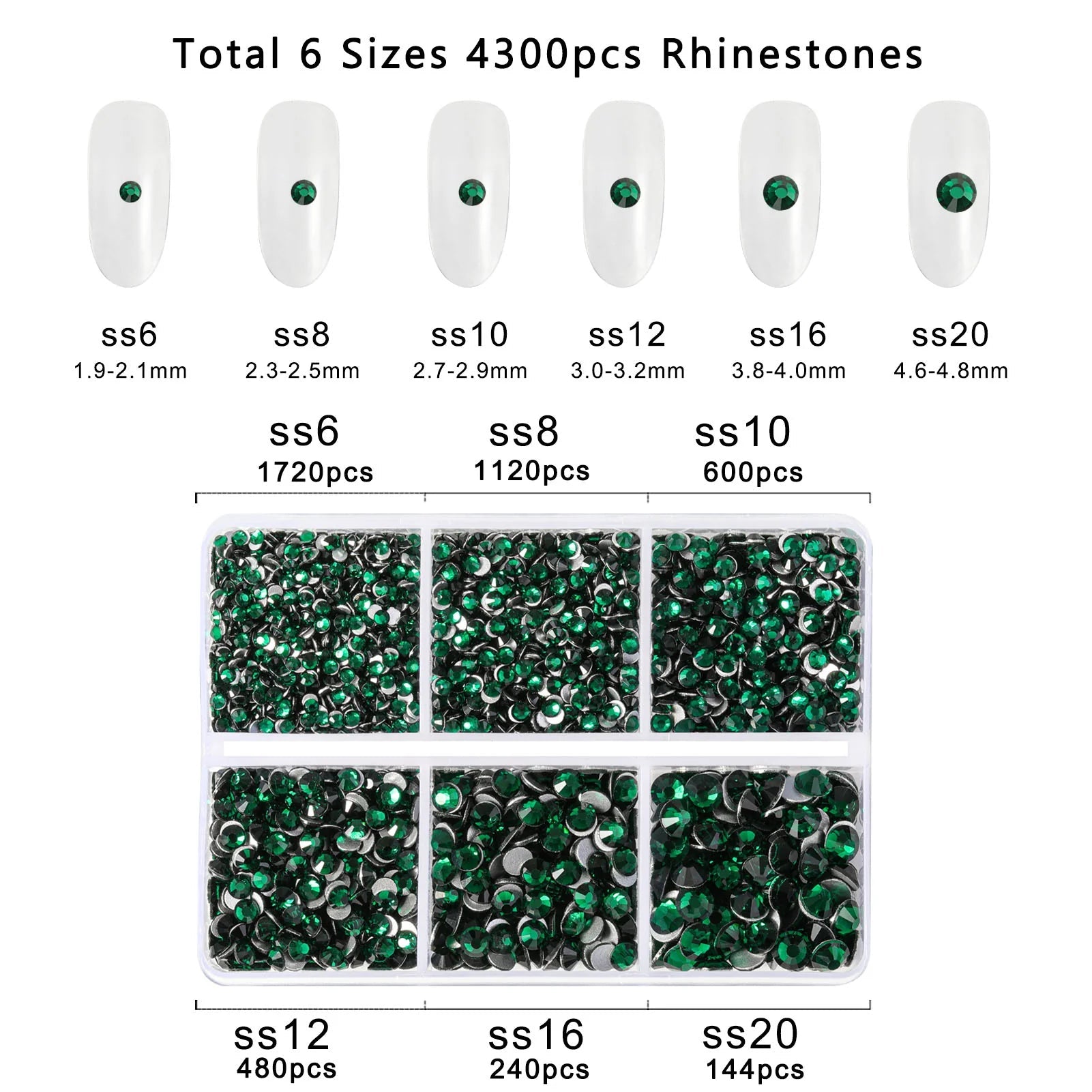 4300pcs Flatback Rhinestones, Nail Gems Round Crystal Rhinestones for Crafts,Mixed 6 Sizes with Picking Tweezers and Wax Pencil Kit- Emerald
