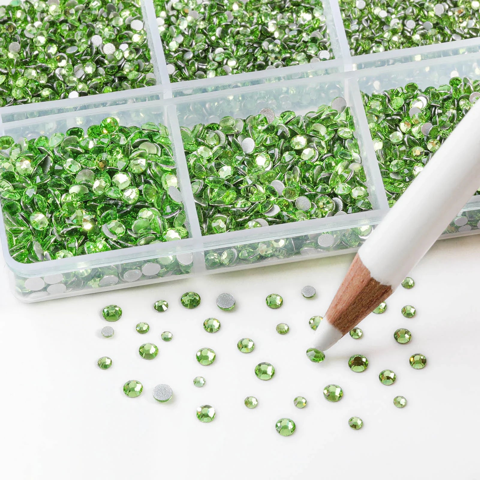 7200pcs Flatback Rhinestones,Nail Gems Round Crystal Rhinestones for Crafts,Mixed 6 Sizes with Wax Pencil Kit, SS3-SS10- Light Green