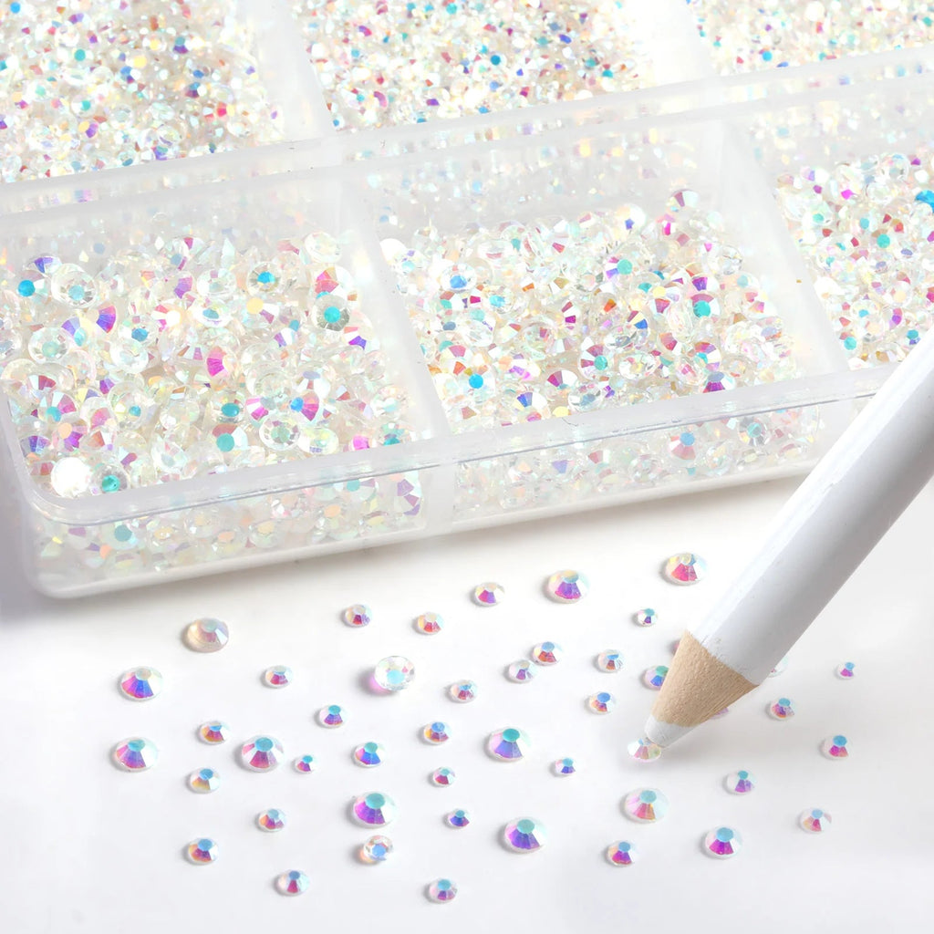 7200pcs Flatback Rhinestones,Nail Gems Round Crystal Rhinestones for Crafts,Mixed 6 Sizes with Wax Pencil Kit, SS3-SS10-Transparent
