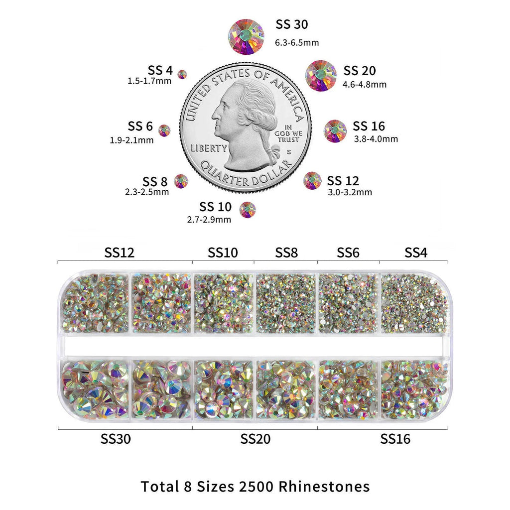Rhinestones for Makeup,8 sizes 2500pcs Flatback Rhinestones Face Gems for Nails Crafts with Tweezers and Wax Pencil- Crystal AB