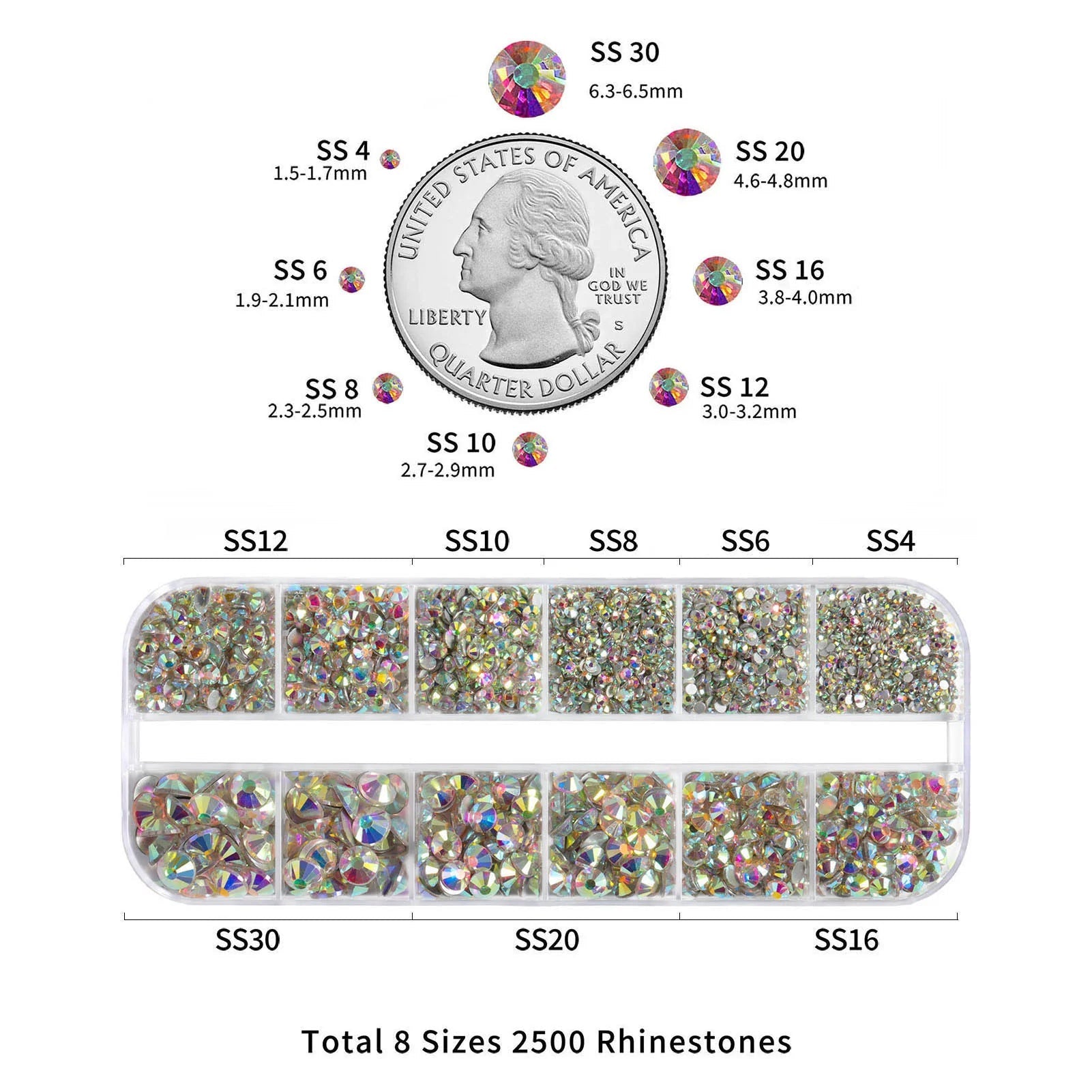 Rhinestones for Makeup,8 sizes 2500pcs Flatback Rhinestones Face Gems for Nails Crafts with Tweezers and Wax Pencil- Crystal AB