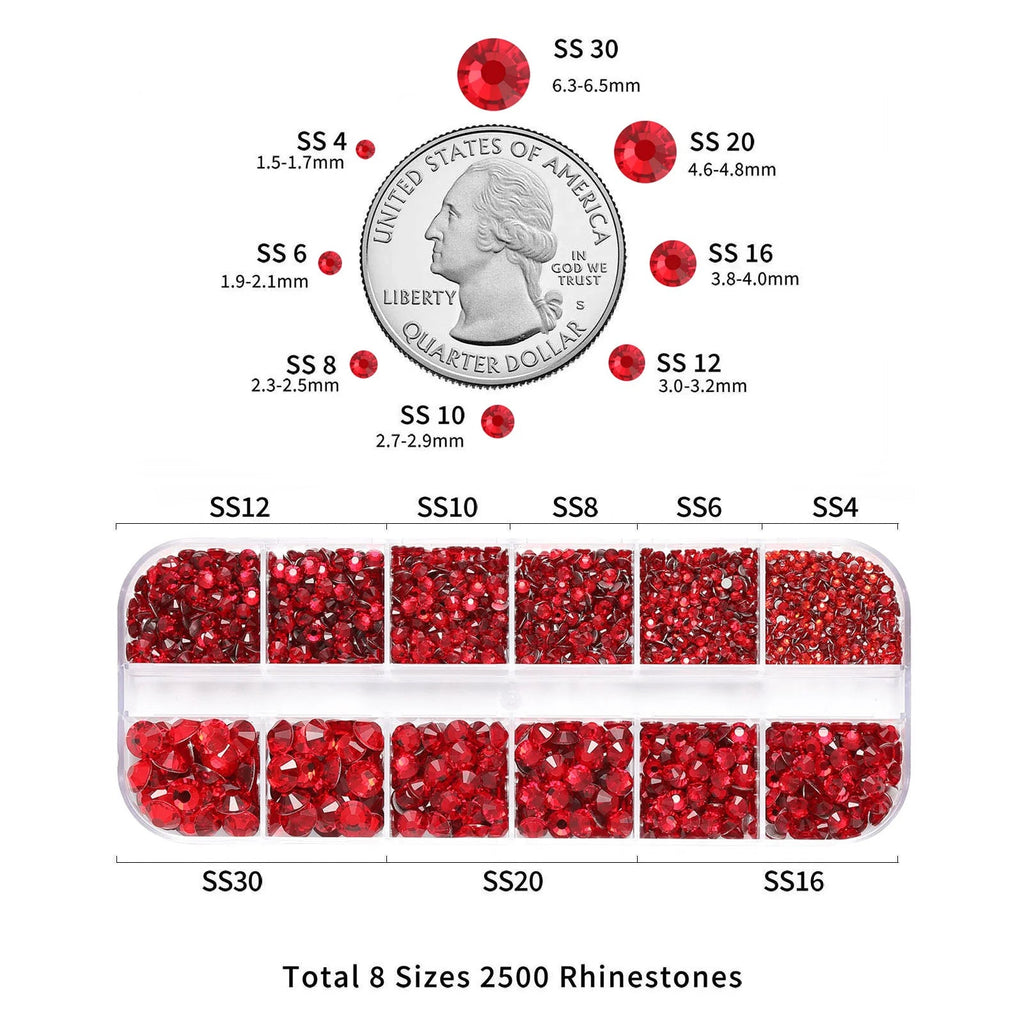 Rhinestones for Makeup,8 sizes 2500pcs Flatback Rhinestones Face Gems for Nails Crafts with Tweezers and Wax Pencil- Siam