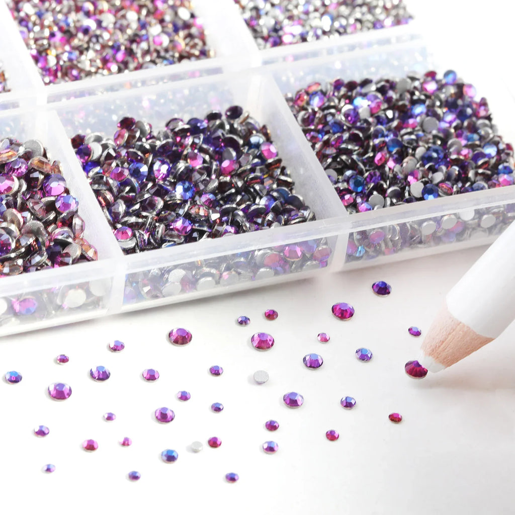 7200pcs Flatback Rhinestones,Nail Gems Round Crystal Rhinestones for Crafts,Mixed 6 Sizes with Wax Pencil Kit, SS3-SS10-Purple