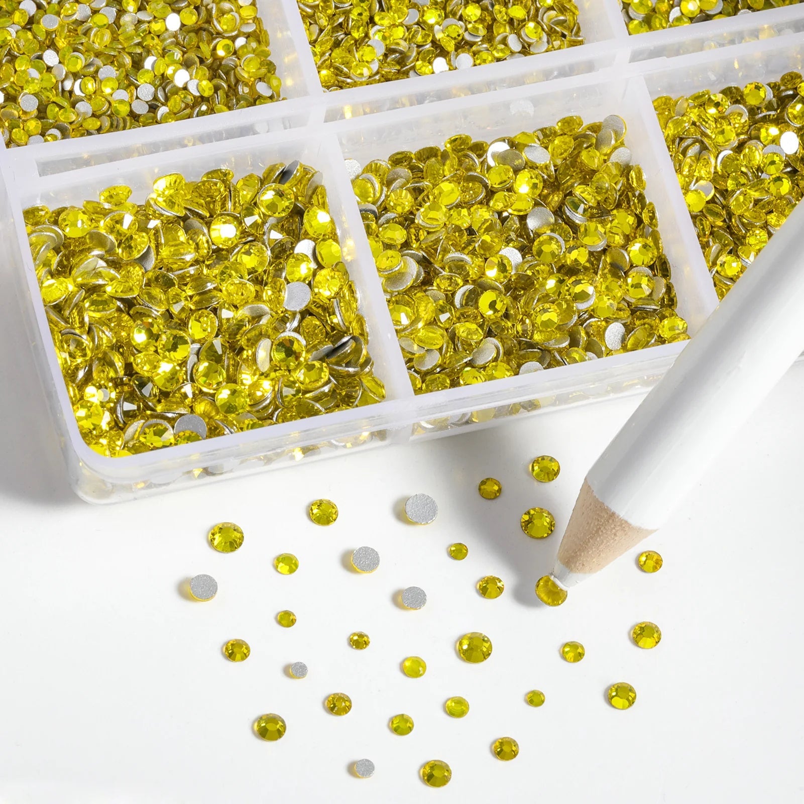7200pcs Flatback Rhinestones,Nail Gems Round Crystal Rhinestones for Crafts,Mixed 6 Sizes with Wax Pencil Kit, SS3-SS10- Lemon Yellow