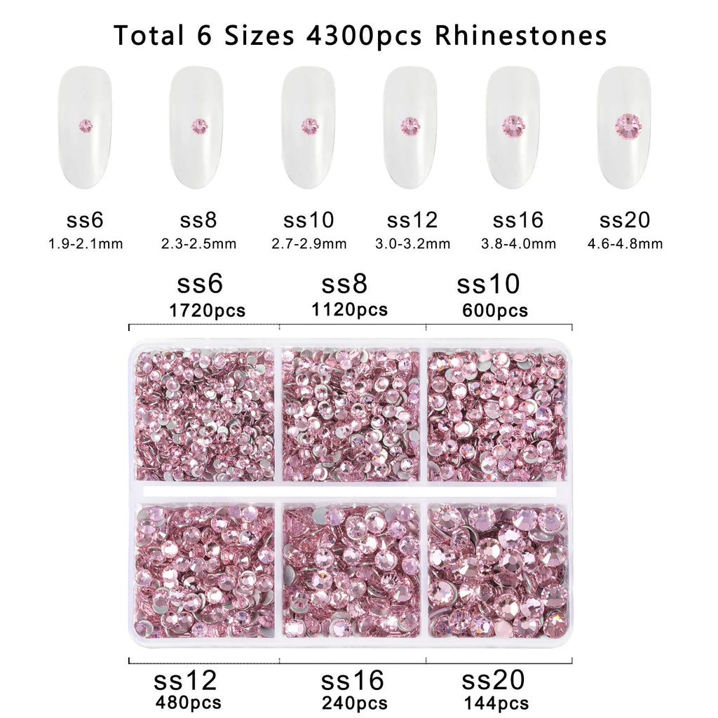 4300pcs Flatback Rhinestones, Nail Gems Round Crystal Rhinestones for Crafts,Mixed 6 Sizes with Picking Tweezers and Wax Pencil Kit- Light Pink