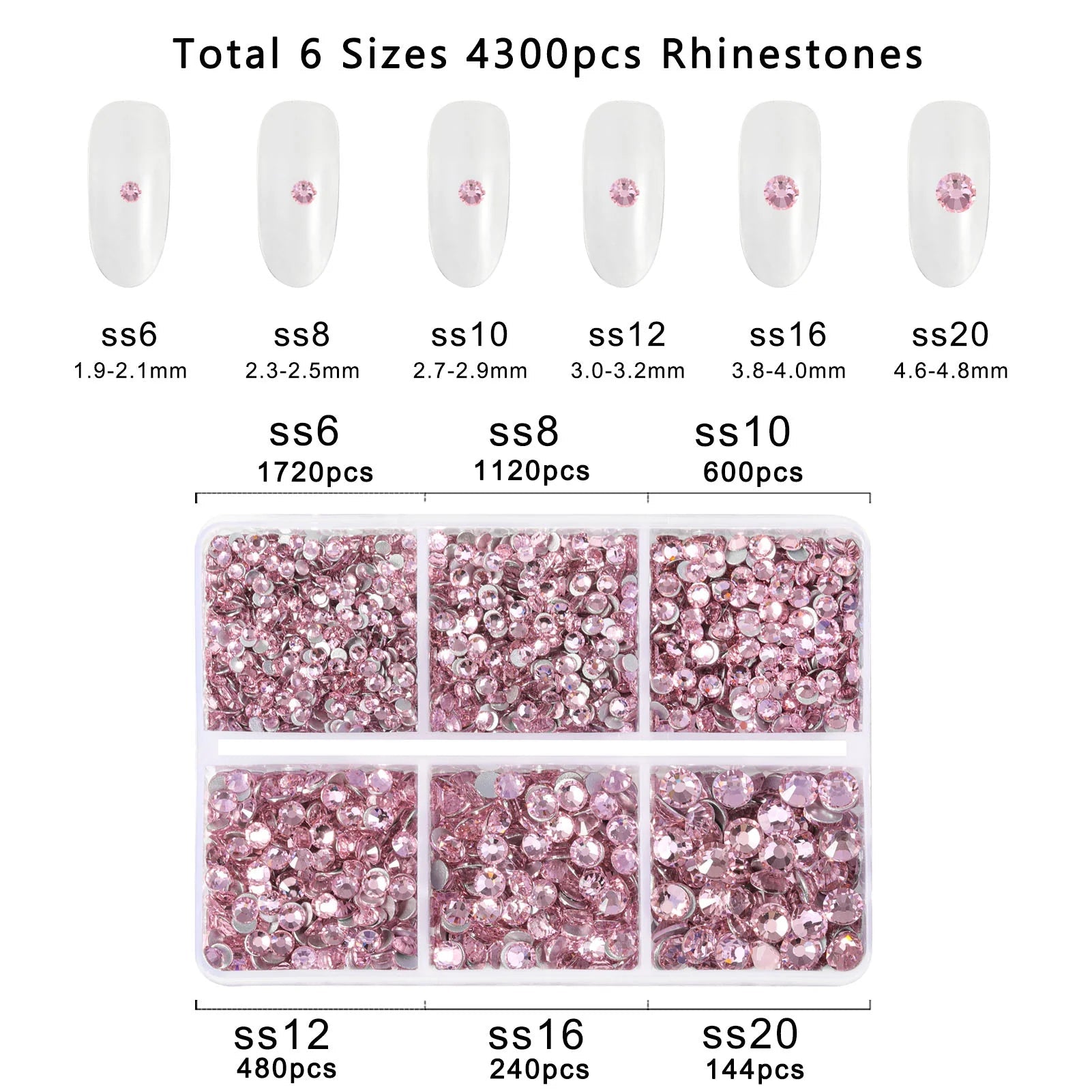 4300pcs Flatback Rhinestones, Nail Gems Round Crystal Rhinestones for Crafts,Mixed 6 Sizes with Picking Tweezers and Wax Pencil Kit- Light Pink