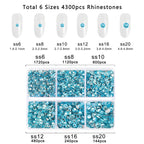 4300pcs Flatback Rhinestones, Nail Gems Round Crystal Rhinestones for Crafts,Mixed 6 Sizes with Picking Tweezers and Wax Pencil Kit- Aquamarine