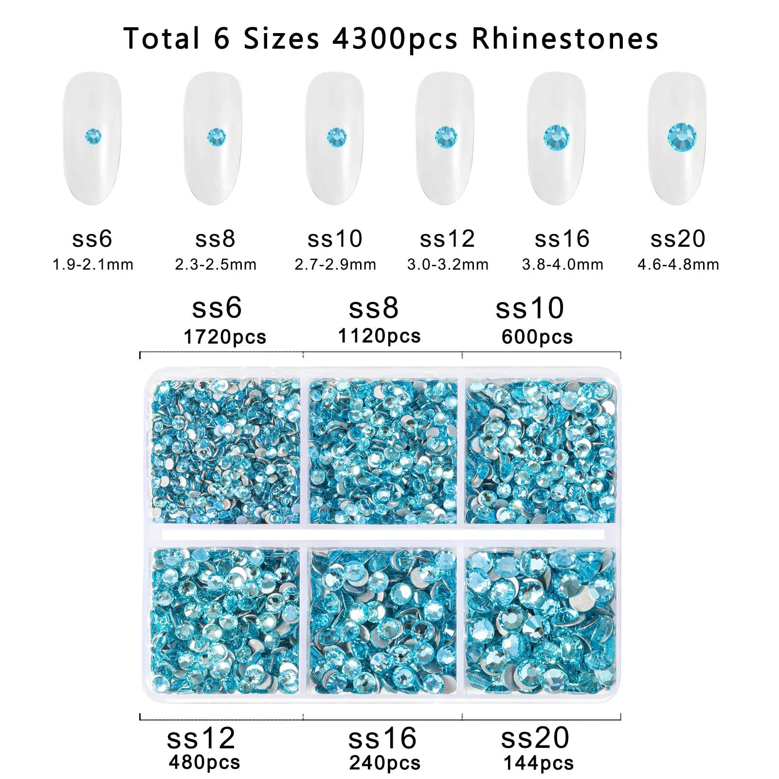 4300pcs Flatback Rhinestones, Nail Gems Round Crystal Rhinestones for Crafts,Mixed 6 Sizes with Picking Tweezers and Wax Pencil Kit- Aquamarine