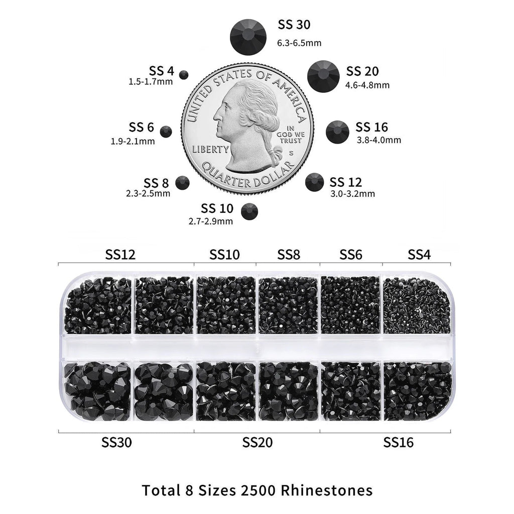 Rhinestones for Makeup,8 sizes 2500pcs Flatback Rhinestones Face Gems for Nails Crafts with Tweezers and Wax Pencil- Black
