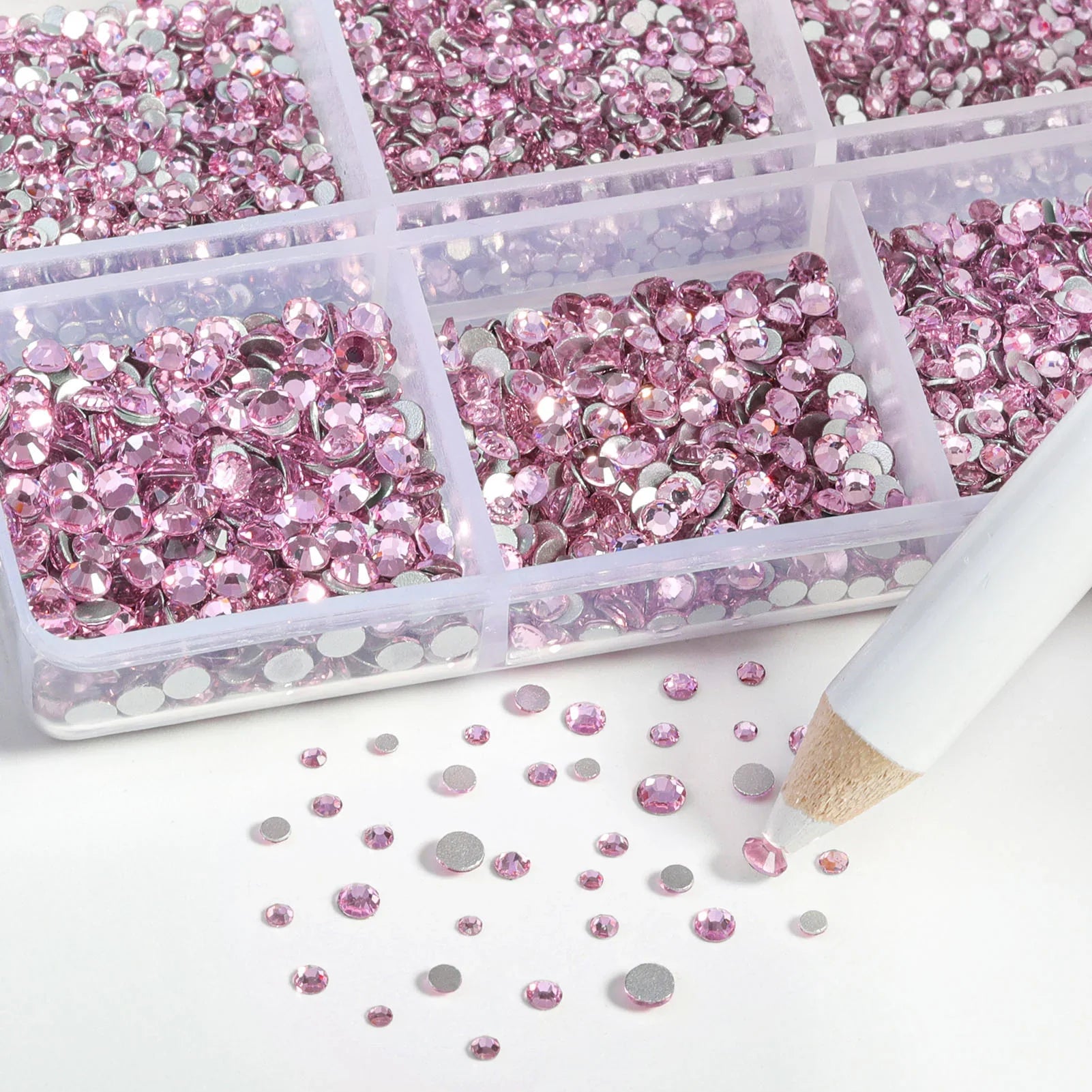 7200pcs Flatback Rhinestones,Nail Gems Round Crystal Rhinestones for Crafts,Mixed 6 Sizes with Wax Pencil Kit, SS3-SS10- Light Pink