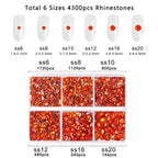 4300pcs Flatback Rhinestones, Nail Gems Round Crystal Rhinestones for Crafts,Mixed 6 Sizes with Picking Tweezers and Wax Pencil Kit- Orange