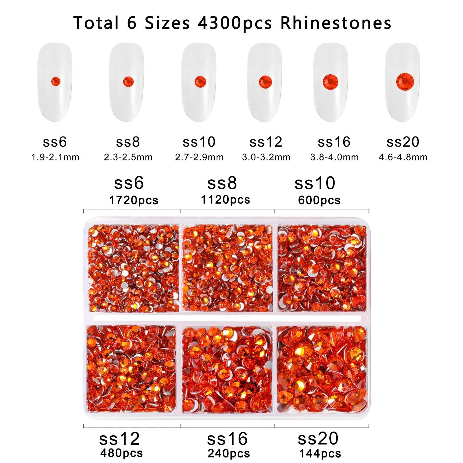 4300pcs Flatback Rhinestones, Nail Gems Round Crystal Rhinestones for Crafts,Mixed 6 Sizes with Picking Tweezers and Wax Pencil Kit- Orange