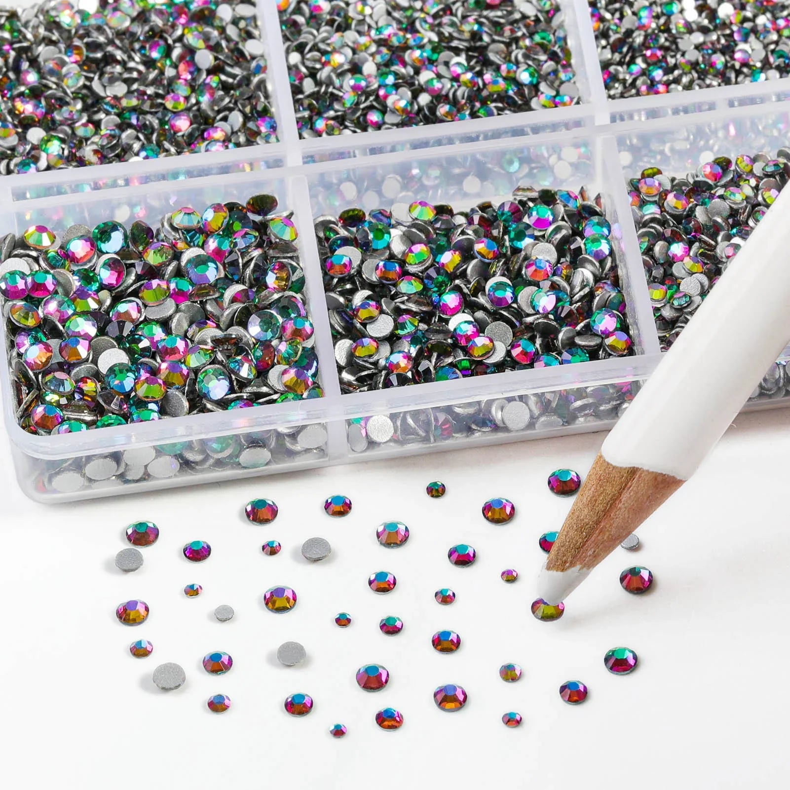 7200pcs Flatback Rhinestones,Nail Gems Round Crystal Rhinestones for Crafts,Mixed 6 Sizes with Wax Pencil Kit, SS3-SS10- Green Volcano