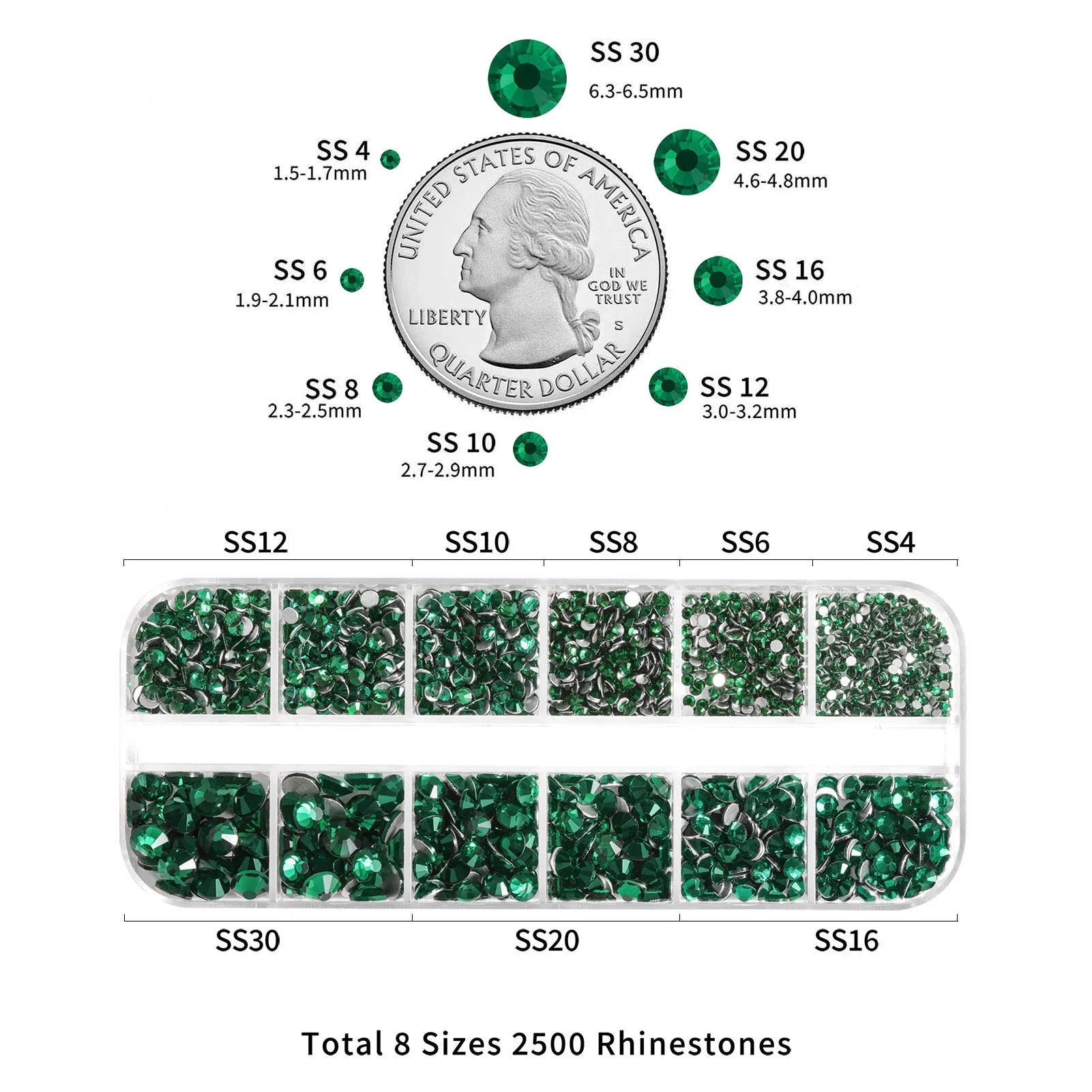 Rhinestones for Makeup,8 sizes 2500pcs Flatback Rhinestones Face Gems for Nails Crafts with Tweezers and Wax Pencil- Emerald