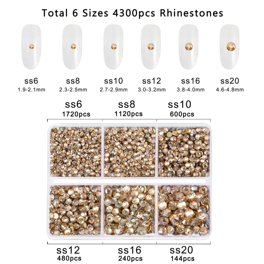 4300pcs Flatback Rhinestones, Nail Gems Round Crystal Rhinestones for Crafts,Mixed 6 Sizes with Picking Tweezers and Wax Pencil Kit- Golden Shadow