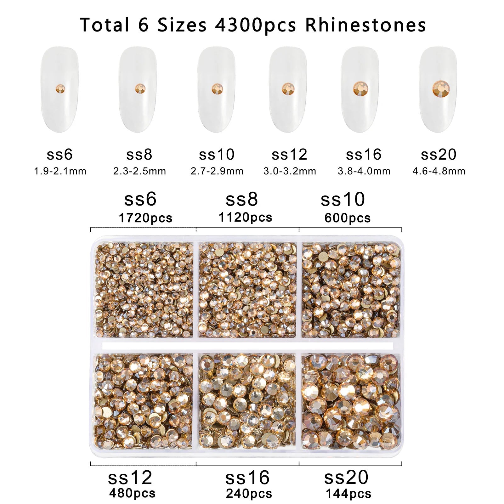 4300pcs Flatback Rhinestones, Nail Gems Round Crystal Rhinestones for Crafts,Mixed 6 Sizes with Picking Tweezers and Wax Pencil Kit- Golden Shadow