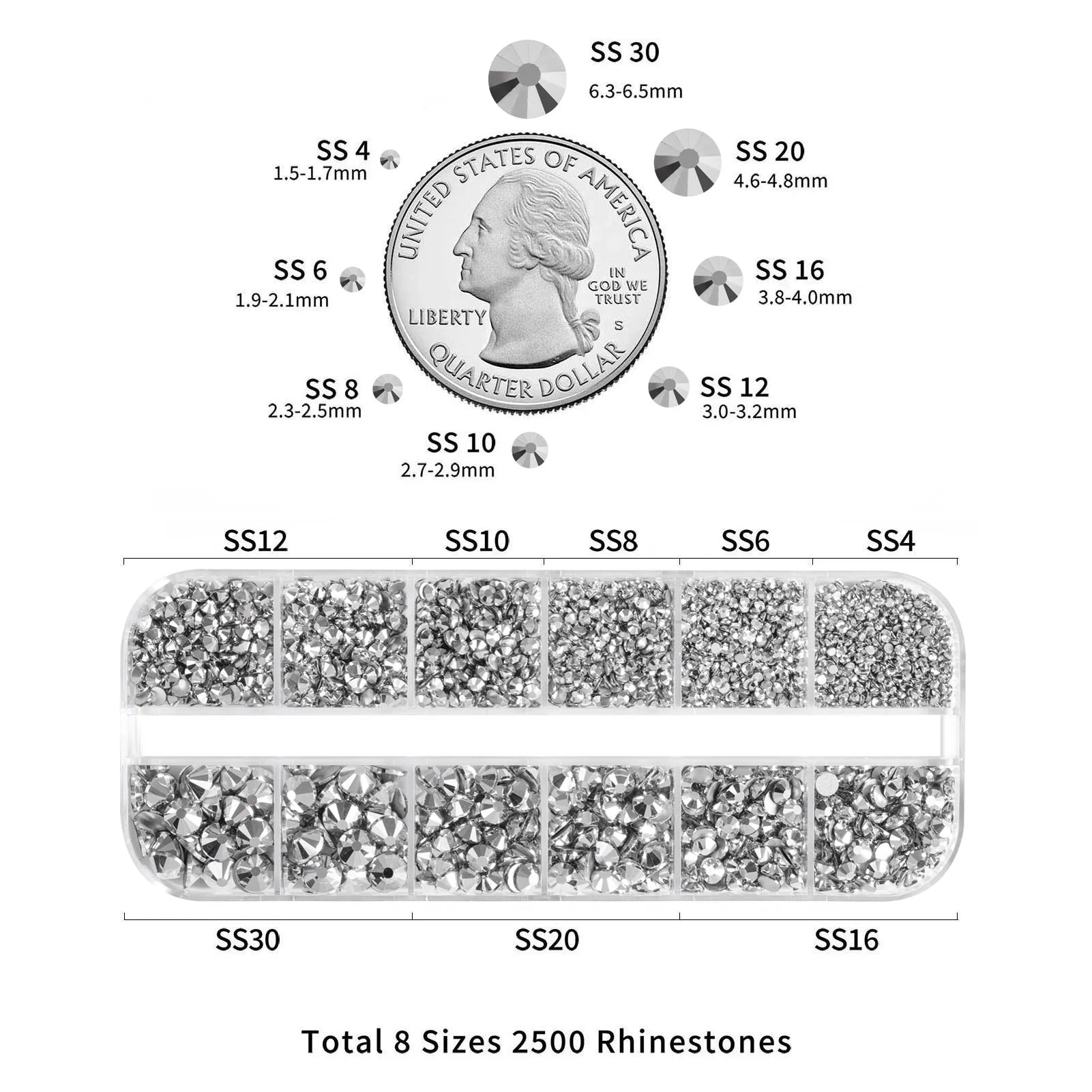 Rhinestones for Makeup,8 sizes 2500pcs Flatback Rhinestones Face Gems for Nails Crafts with Tweezers and Wax Pencil- Silver Hematite