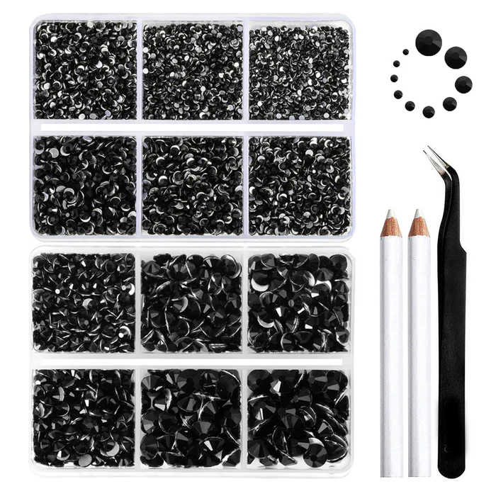 8300PCS Flatback Rhinestones, Nail Gems Round Crystal Rhinestones for Crafts, Mixed 10 Sizes with Wax Pencil and Tweezer Kit, SS3-SS30-Black
