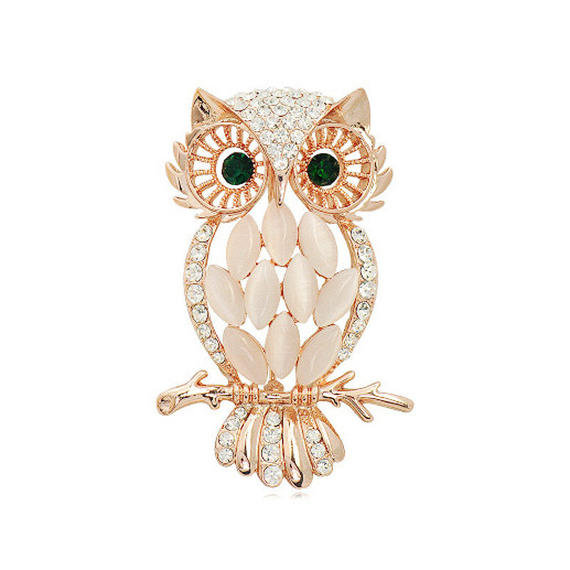 Women’s Korean Owl Brooch with Cat’s Eye Stone - Dual Gold/Silver Tone Cartoon Animal Pin for Jackets & Bags