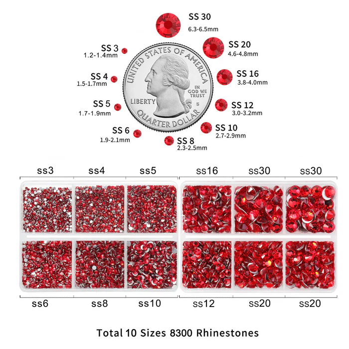 8300PCS Flatback Rhinestones, Nail Gems Round Crystal Rhinestones for Crafts, Mixed 10 Sizes with Wax Pencil and Tweezer Kit, SS3-SS30-Light Siam