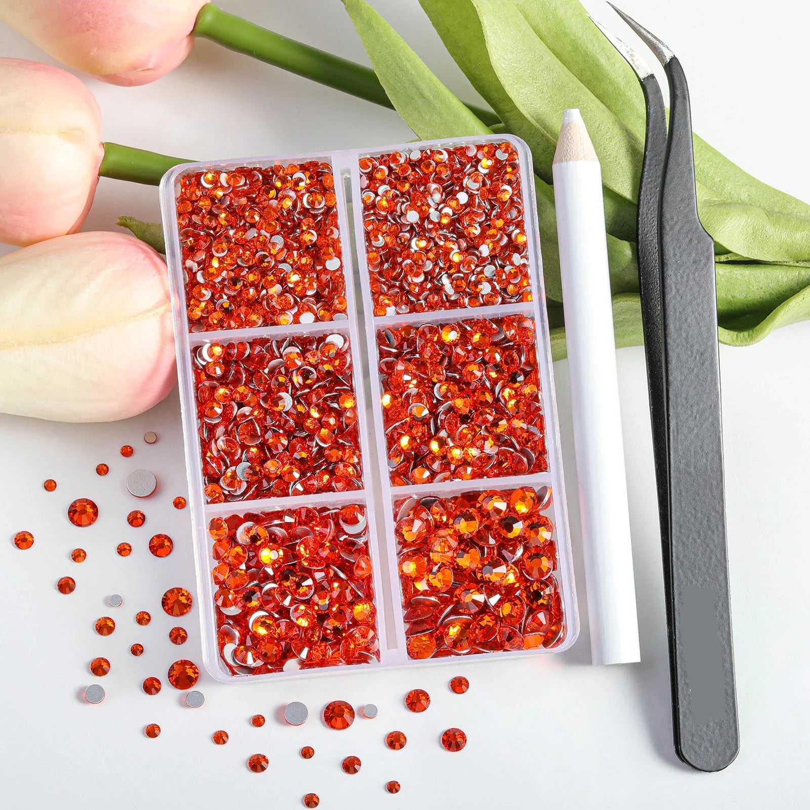 4300pcs Flatback Rhinestones, Nail Gems Round Crystal Rhinestones for Crafts,Mixed 6 Sizes with Picking Tweezers and Wax Pencil Kit- Orange