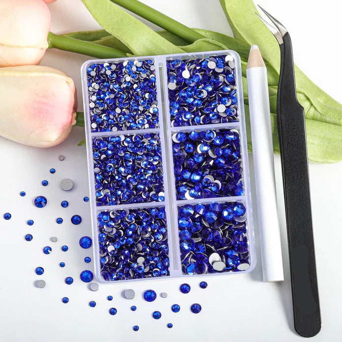 4300pcs Flatback Rhinestones, Nail Gems Round Crystal Rhinestones for Crafts,Mixed 6 Sizes with Picking Tweezers and Wax Pencil Kit- Sapphire