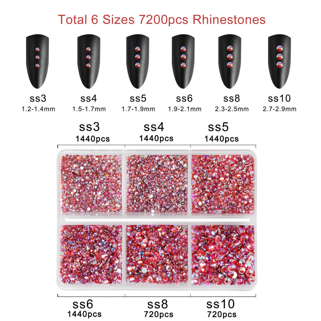 7200pcs Flatback Rhinestones,Nail Gems Round Crystal Rhinestones for Crafts,Mixed 6 Sizes with Wax Pencil Kit, SS3-SS10-Hyacinthab