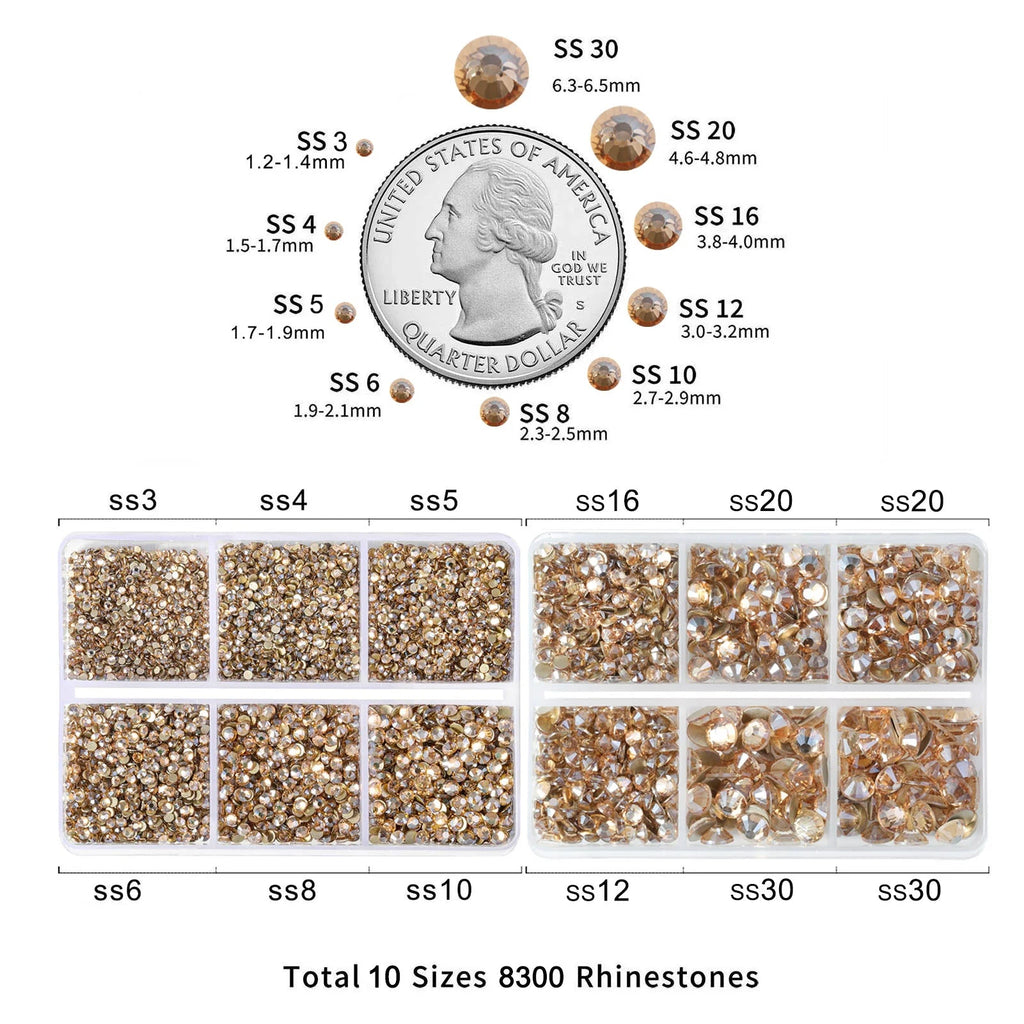 8300PCS Flatback Rhinestones, Nail Gems Round Crystal Rhinestones for Crafts, Mixed 10 Sizes with Wax Pencil and Tweezer Kit, SS3-SS30-Golden