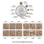8300PCS Flatback Rhinestones, Nail Gems Round Crystal Rhinestones for Crafts, Mixed 10 Sizes with Wax Pencil and Tweezer Kit, SS3-SS30-Golden