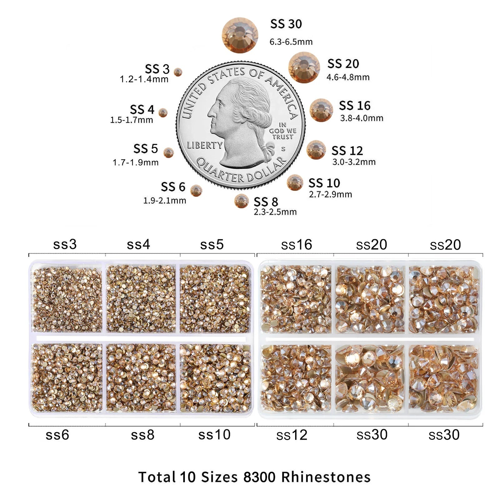 8300PCS Flatback Rhinestones, Nail Gems Round Crystal Rhinestones for Crafts, Mixed 10 Sizes with Wax Pencil and Tweezer Kit, SS3-SS30-Golden
