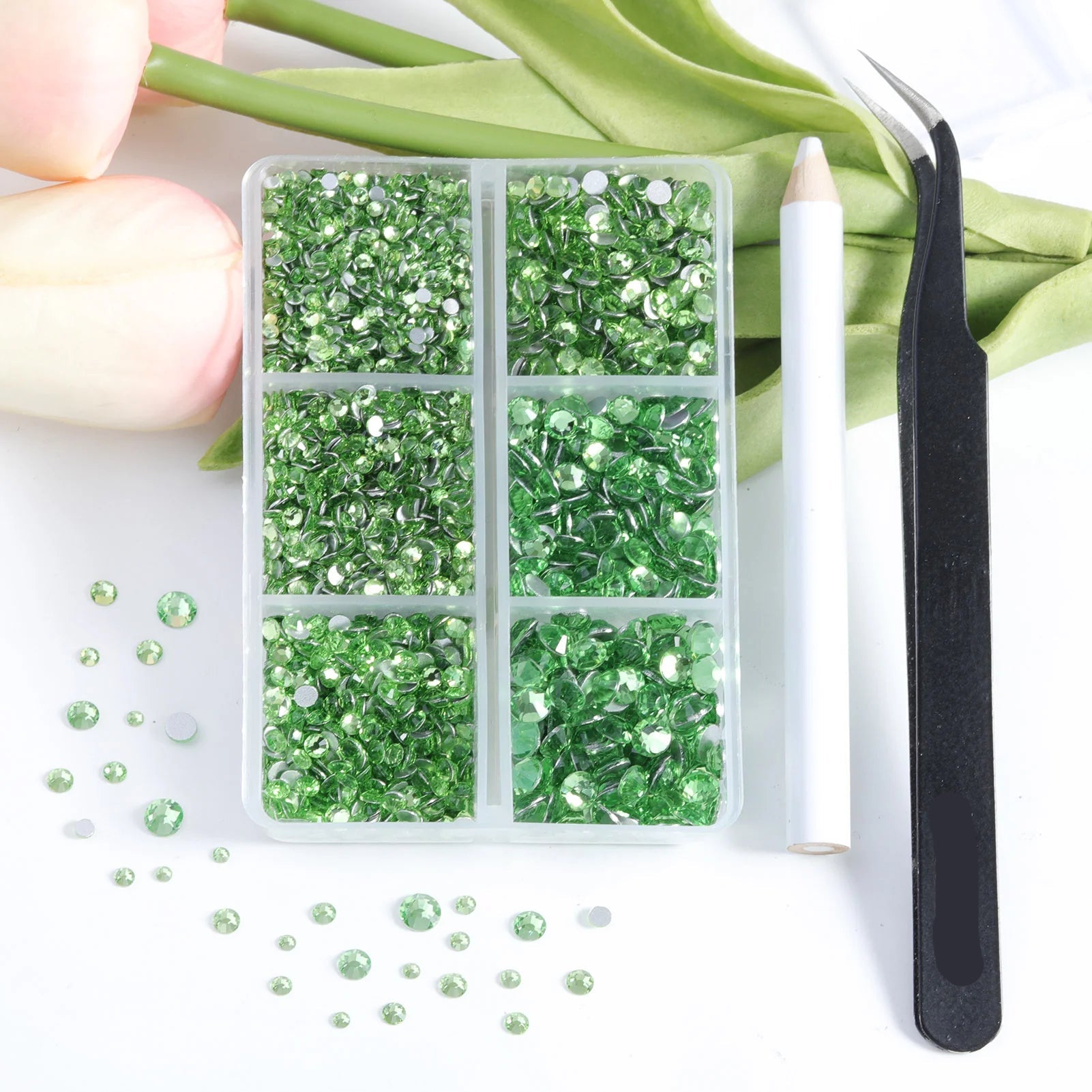4300pcs Flatback Rhinestones, Nail Gems Round Crystal Rhinestones for Crafts,Mixed 6 Sizes with Picking Tweezers and Wax Pencil Kit -lightgreen