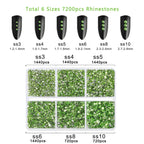 7200pcs Flatback Rhinestones,Nail Gems Round Crystal Rhinestones for Crafts,Mixed 6 Sizes with Wax Pencil Kit, SS3-SS10- Light Green