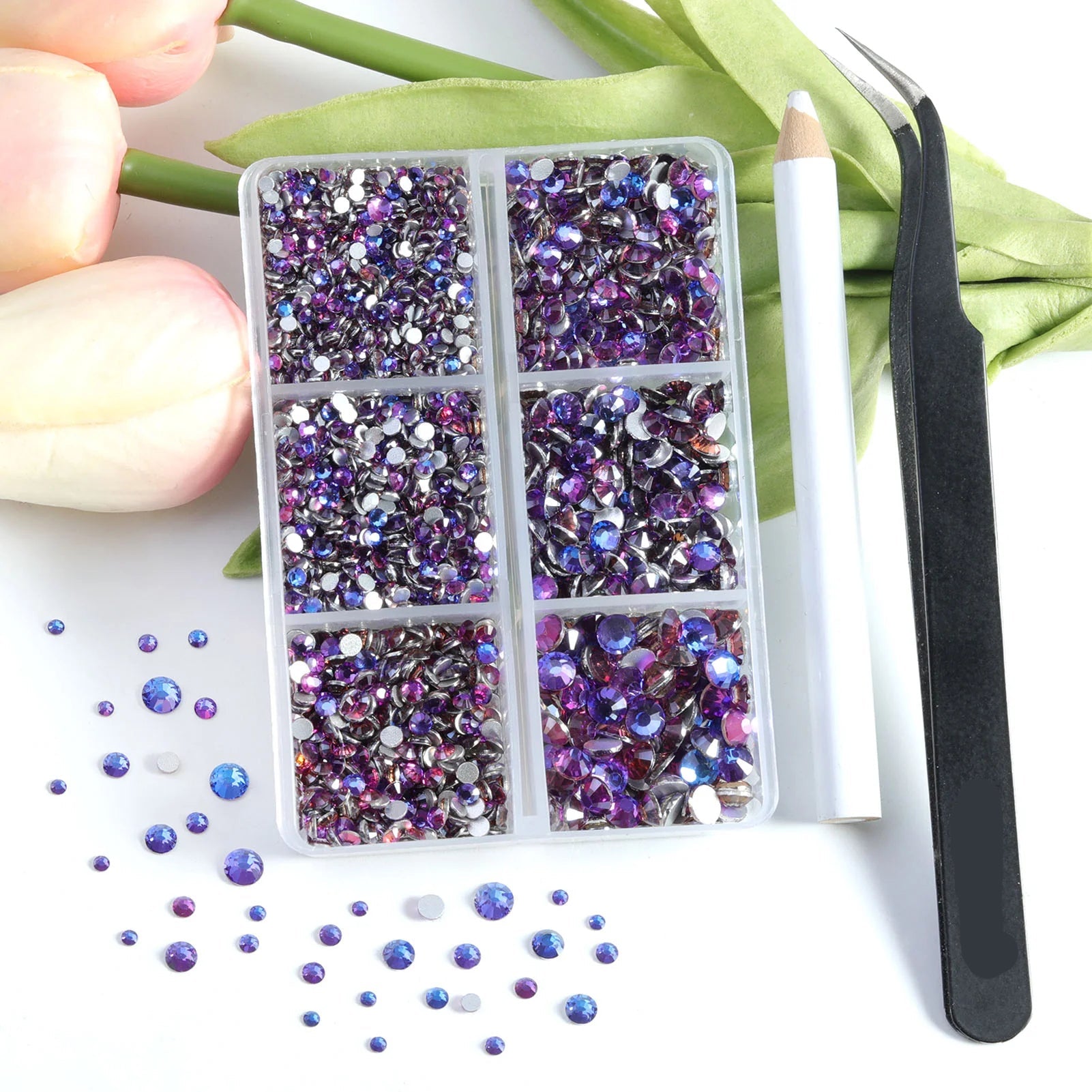 4300pcs Flatback Rhinestones, Nail Gems Round Crystal Rhinestones for Crafts,Mixed 6 Sizes with Picking Tweezers and Wax Pencil Kit-Purple Velvet