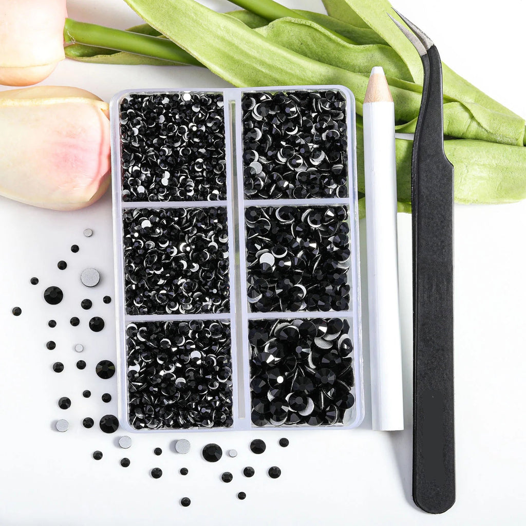 4300pcs Flatback Rhinestones, Nail Gems Round Crystal Rhinestones for Crafts,Mixed 6 Sizes with Picking Tweezers and Wax Pencil Kit- Black